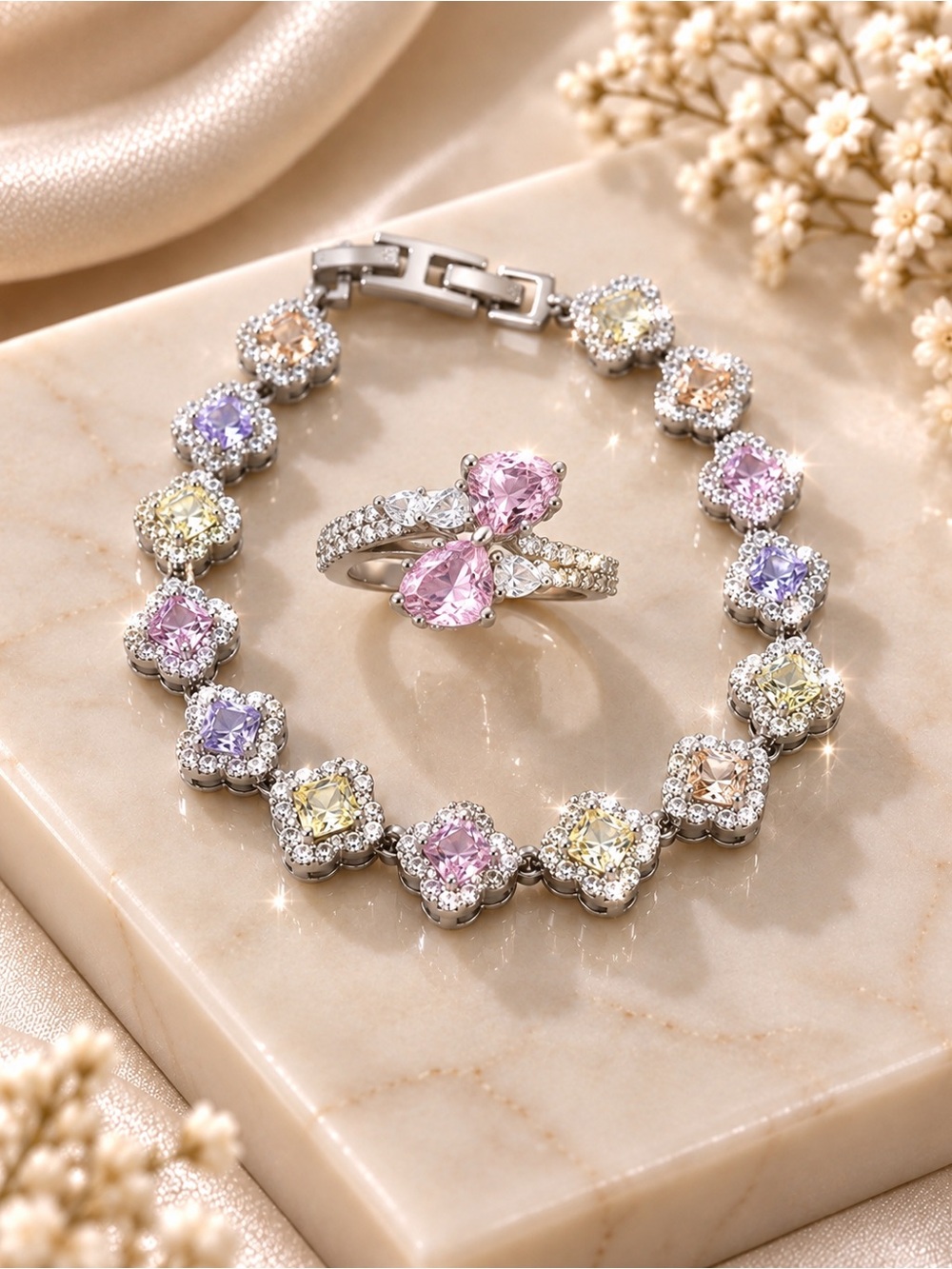 14k gold plated Pastel Multi-Gem Tennis Bracelet and Pink Gem Ring size 7  Set